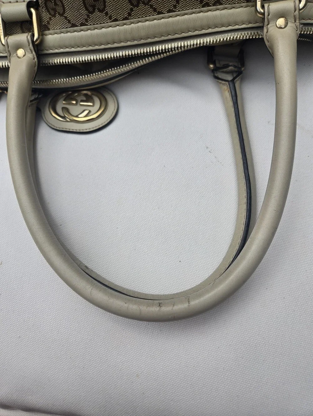 Gucci Tan GG Canvas Satchel with Light Tan Leather Trim